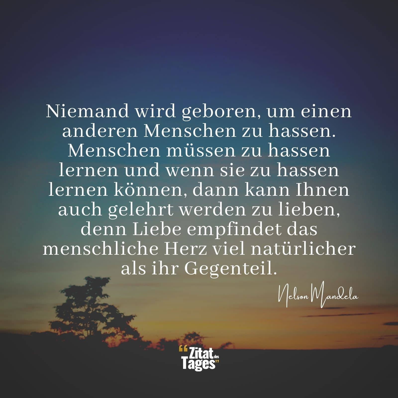 Niemand wird geboren, um einen anderen Menschen zu hassen. Menschen müssen zu hassen lernen und wenn sie zu hassen lernen können, dann kann Ihnen auch gelehrt werden zu lieben, denn Liebe empfindet das menschliche Herz viel natürlicher als ihr Gegenteil. - Nelson Mandela