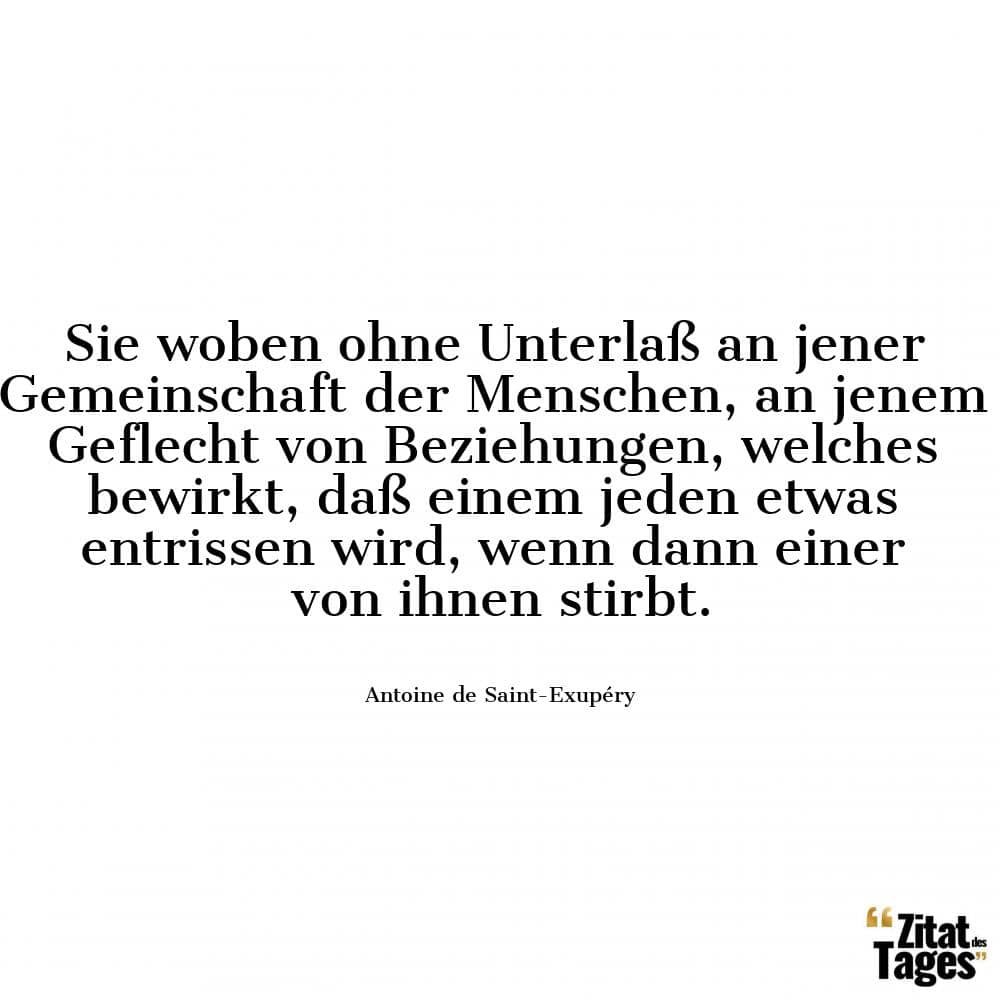 Sie woben ohne Unterlaß an jener Gemeinschaft der Menschen, an jenem Geflecht von Beziehungen, welches bewirkt, daß einem jeden etwas entrissen wird, wenn dann einer von ihnen stirbt. - Antoine de Saint-Exupéry