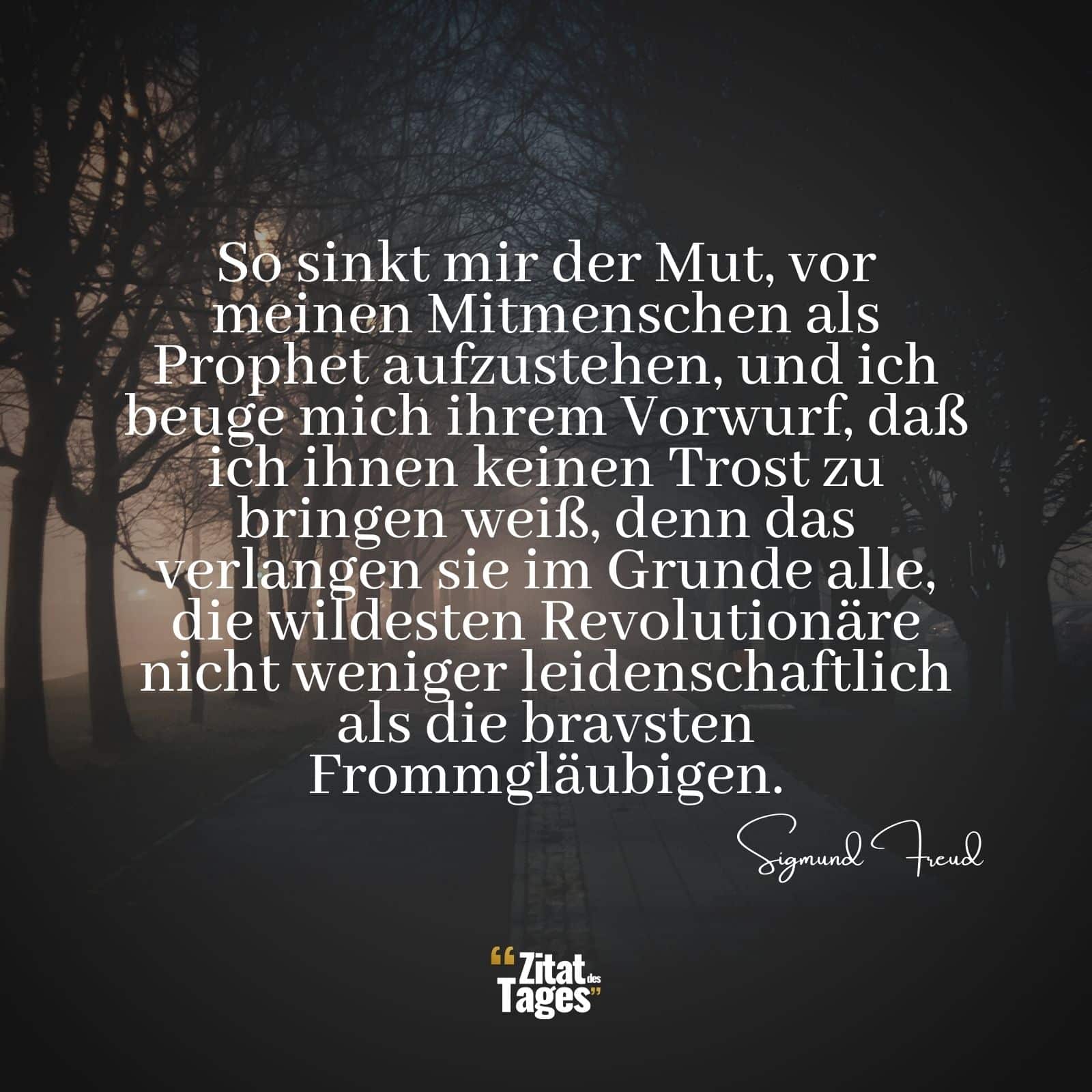 So sinkt mir der Mut, vor meinen Mitmenschen als Prophet aufzustehen, und ich beuge mich ihrem Vorwurf, daß ich ihnen keinen Trost zu bringen weiß, denn das verlangen sie im Grunde alle, die wildesten Revolutionäre nicht weniger leidenschaftlich als die bravsten Frommgläubigen. - Sigmund Freud