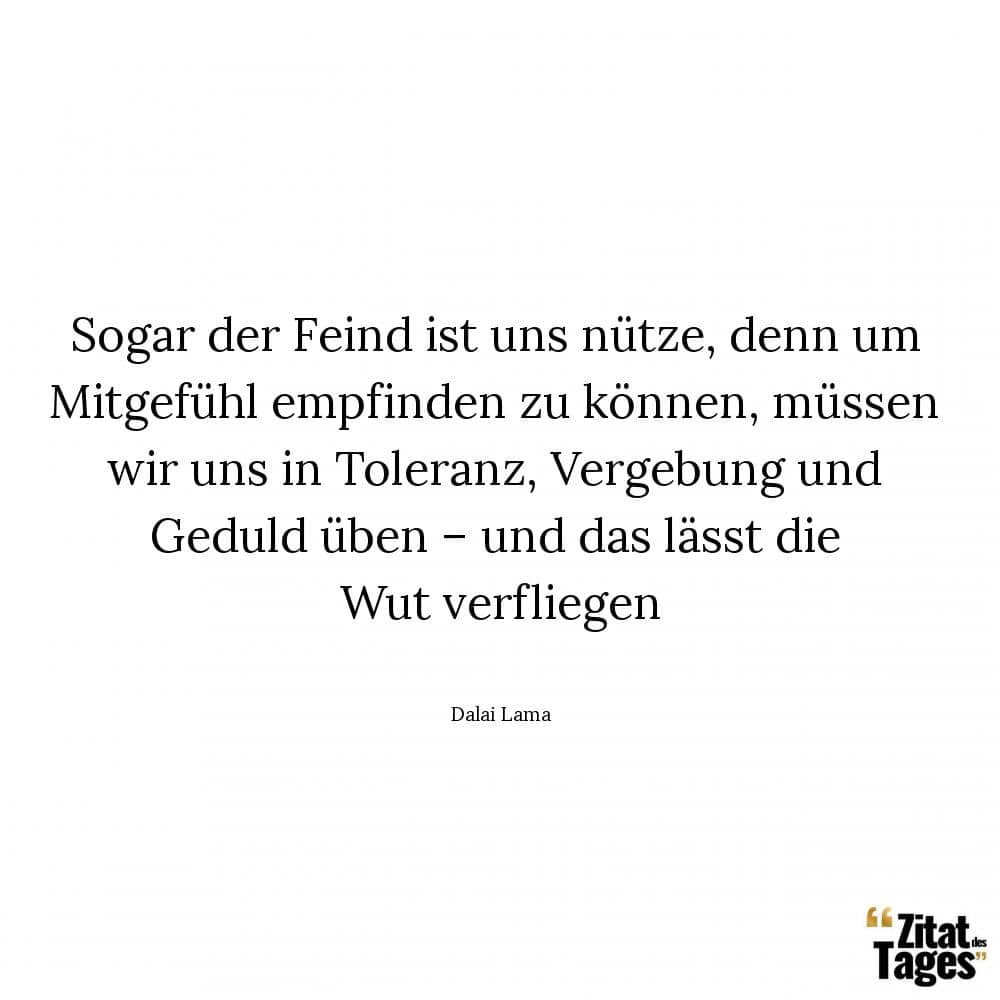 Sogar der Feind ist uns nütze, denn um Mitgefühl empfinden zu können, müssen wir uns in Toleranz, Vergebung und Geduld üben – und das lässt die Wut verfliegen - Dalai Lama