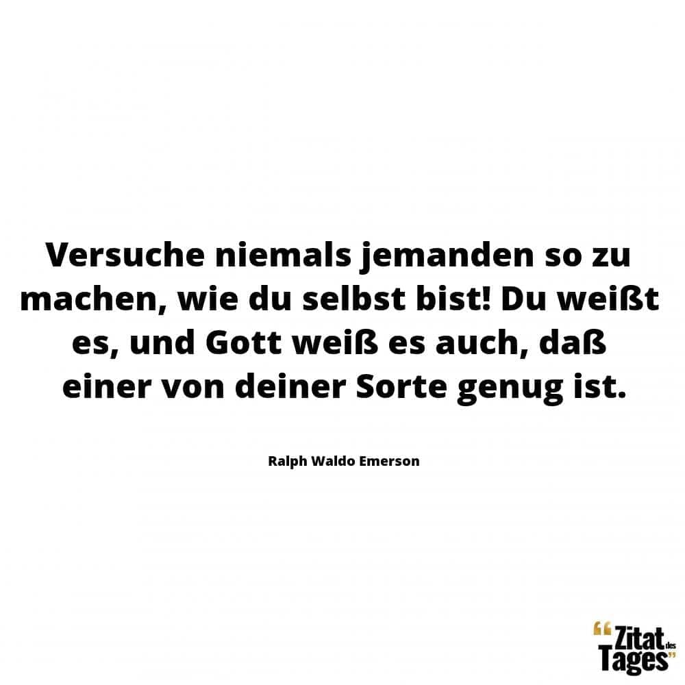 Versuche niemals jemanden so zu machen, wie du selbst bist! Du weißt es, und Gott weiß es auch, daß einer von deiner Sorte genug ist. - Ralph Waldo Emerson