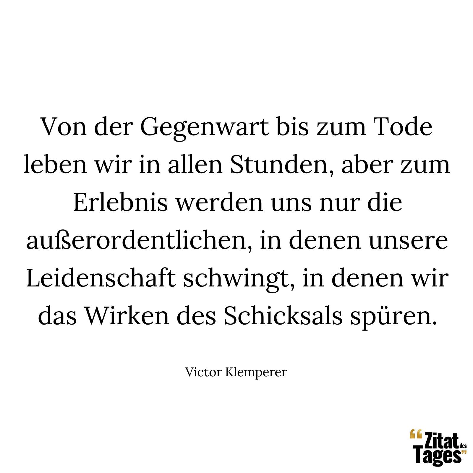 Von der Gegenwart bis zum Tode leben wir in allen Stunden, aber zum Erlebnis werden uns nur die außerordentlichen, in denen unsere Leidenschaft schwingt, in denen wir das Wirken des Schicksals spüren. - Victor Klemperer