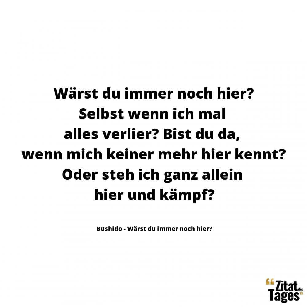 Wärst du immer noch hier? Selbst wenn ich mal alles verlier? Bist du da, wenn mich keiner mehr hier kennt? Oder steh ich ganz allein hier und kämpf? - Bushido