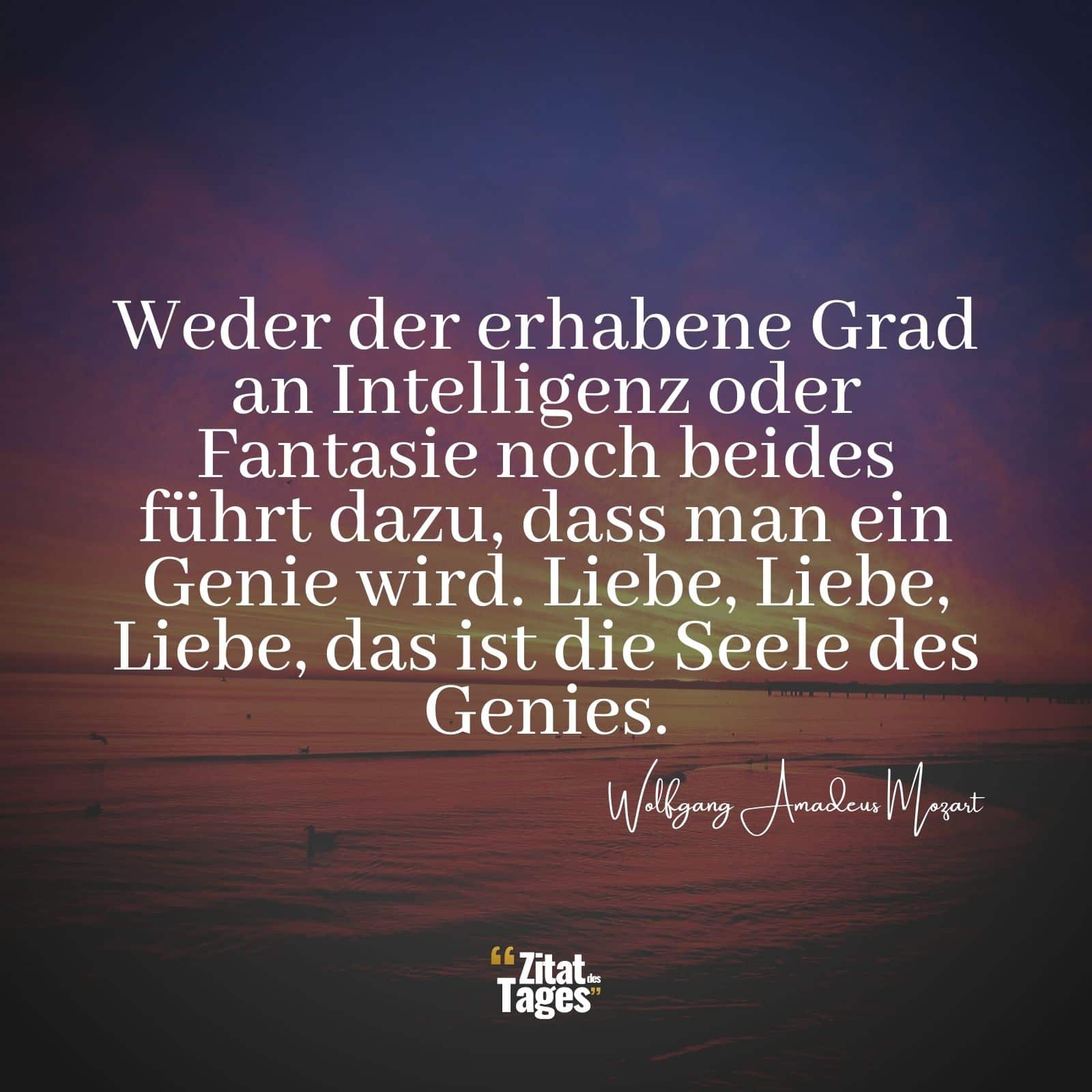 Weder der erhabene Grad an Intelligenz oder Fantasie noch beides führt dazu, dass man ein Genie wird. Liebe, Liebe, Liebe, das ist die Seele des Genies. - Wolfgang Amadeus Mozart