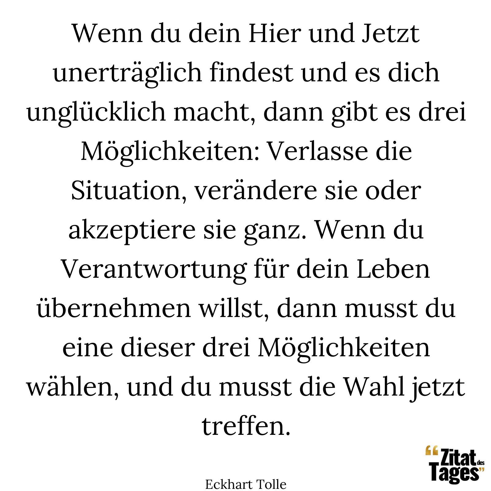 Wenn du dein Hier und Jetzt unerträglich findest und es dich unglücklich macht, dann gibt es drei Möglichkeiten: Verlasse die Situation, verändere sie oder akzeptiere sie ganz. Wenn du Verantwortung für dein Leben übernehmen willst, dann musst du eine dieser drei Möglichkeiten wählen, und du musst die Wahl jetzt treffen. - Eckhart Tolle