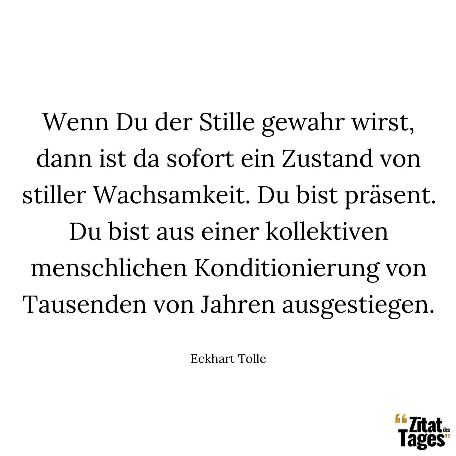 Wenn Du der Stille gewahr wirst, dann ist da sofort ein Zustand von stiller Wachsamkeit. Du bist präsent. Du bist aus einer kollektiven menschlichen Konditionierung von Tausenden von Jahren ausgestiegen. - Eckhart Tolle