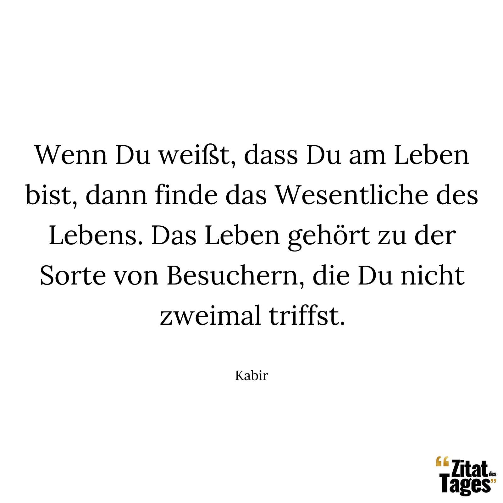 Wenn Du weißt, dass Du am Leben bist, dann finde das Wesentliche des Lebens. Das Leben gehört zu der Sorte von Besuchern, die Du nicht zweimal triffst. - Kabir