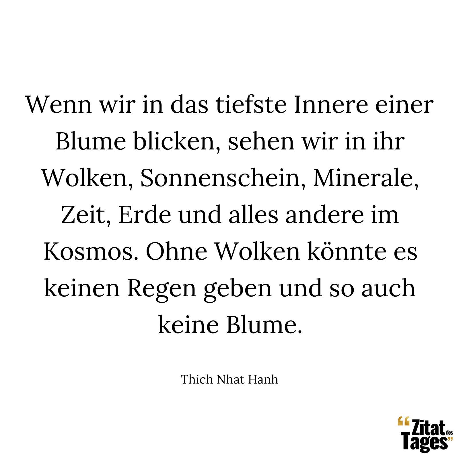 Wenn wir in das tiefste Innere einer Blume blicken, sehen wir in ihr Wolken, Sonnenschein, Minerale, Zeit, Erde und alles andere im Kosmos. Ohne Wolken könnte es keinen Regen geben und so auch keine Blume. - Thich Nhat Hanh