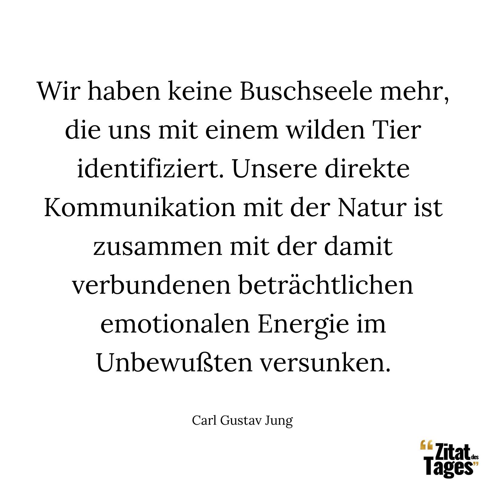 Wir haben keine Buschseele mehr, die uns mit einem wilden Tier identifiziert. Unsere direkte Kommunikation mit der Natur ist zusammen mit der damit verbundenen beträchtlichen emotionalen Energie im Unbewußten versunken. - Carl Gustav Jung