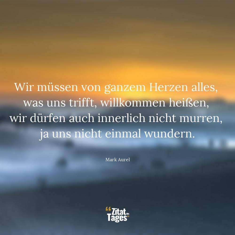 Wir müssen von ganzem Herzen alles, was uns trifft, willkommen heißen, wir dürfen auch innerlich nicht murren, ja uns nicht einmal wundern. - Mark Aurel