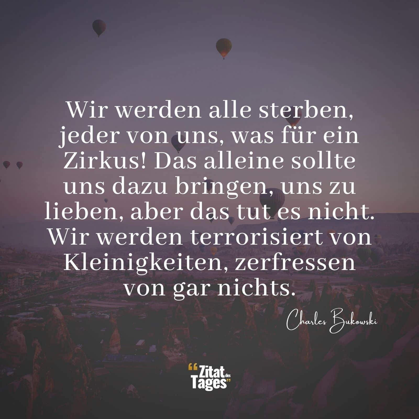 Wir werden alle sterben, jeder von uns, was für ein Zirkus! Das alleine sollte uns dazu bringen, uns zu lieben, aber das tut es nicht. Wir werden terrorisiert von Kleinigkeiten, zerfressen von gar nichts. - Charles Bukowski