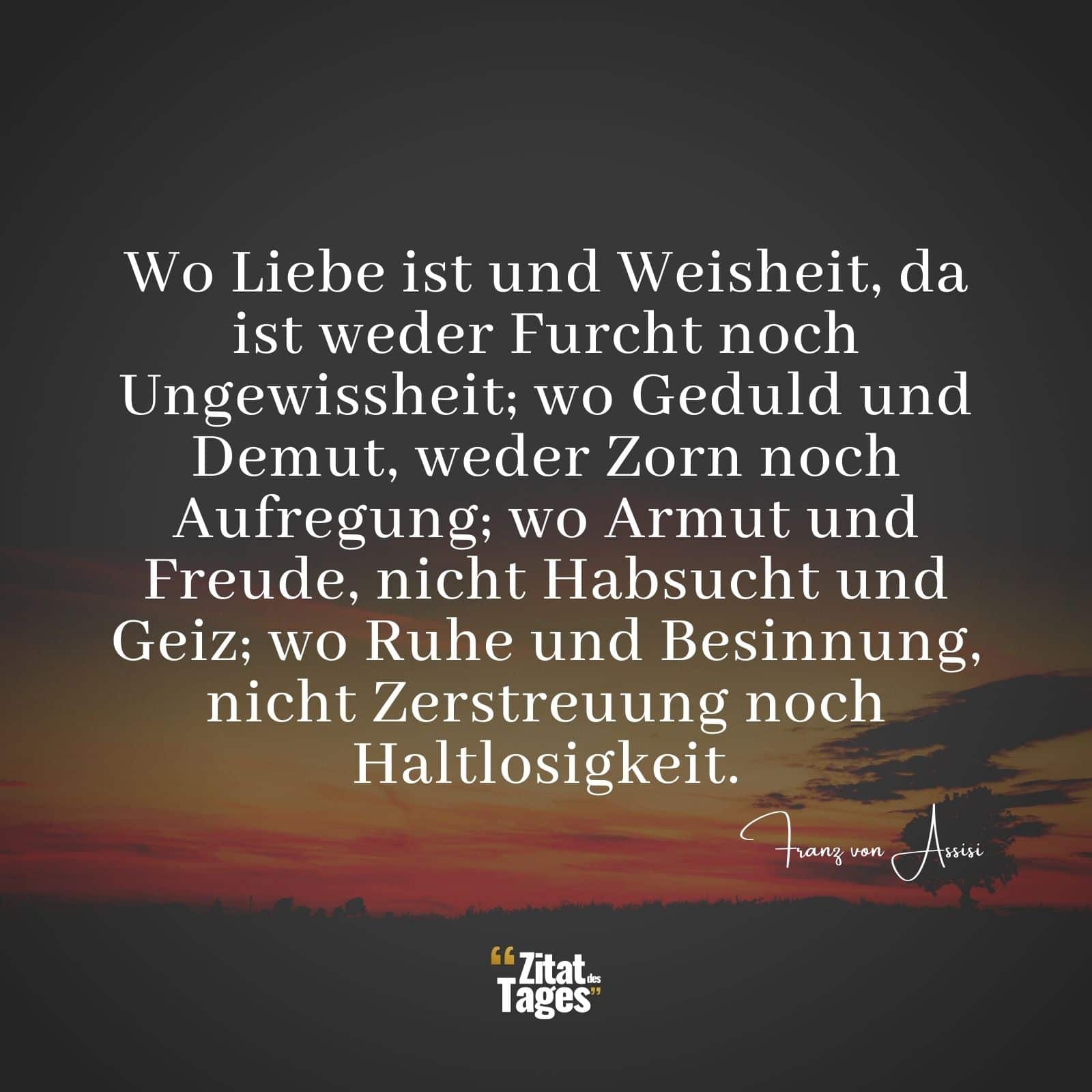 Wo Liebe ist und Weisheit, da ist weder Furcht noch Ungewissheit; wo Geduld und Demut, weder Zorn noch Aufregung; wo Armut und Freude, nicht Habsucht und Geiz; wo Ruhe und Besinnung, nicht Zerstreuung noch Haltlosigkeit. - Franz von Assisi