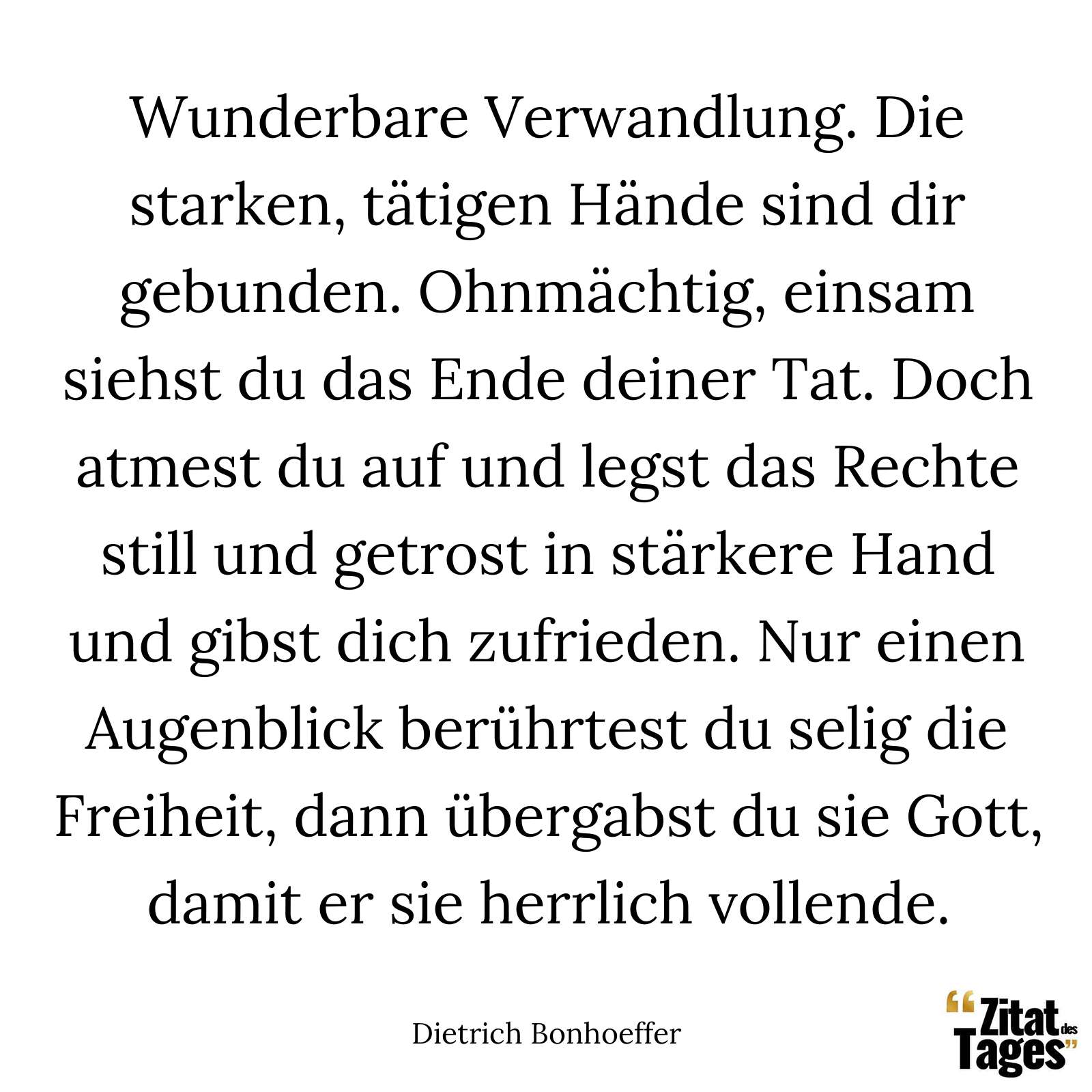 Wunderbare Verwandlung. Die starken, tätigen Hände sind dir gebunden. Ohnmächtig, einsam siehst du das Ende deiner Tat. Doch atmest du auf und legst das Rechte still und getrost in stärkere Hand und gibst dich zufrieden. Nur einen Augenblick berührtest du selig die Freiheit, dann übergabst du sie Gott, damit er sie herrlich vollende. - Dietrich Bonhoeffer