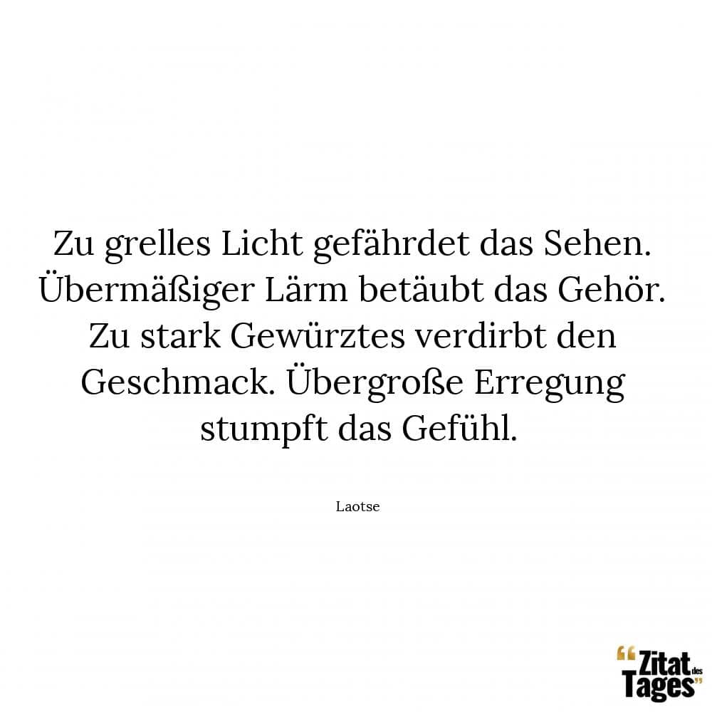 Zu grelles Licht gefährdet das Sehen. Übermäßiger Lärm betäubt das Gehör. Zu stark Gewürztes verdirbt den Geschmack. Übergroße Erregung stumpft das Gefühl. - Laotse